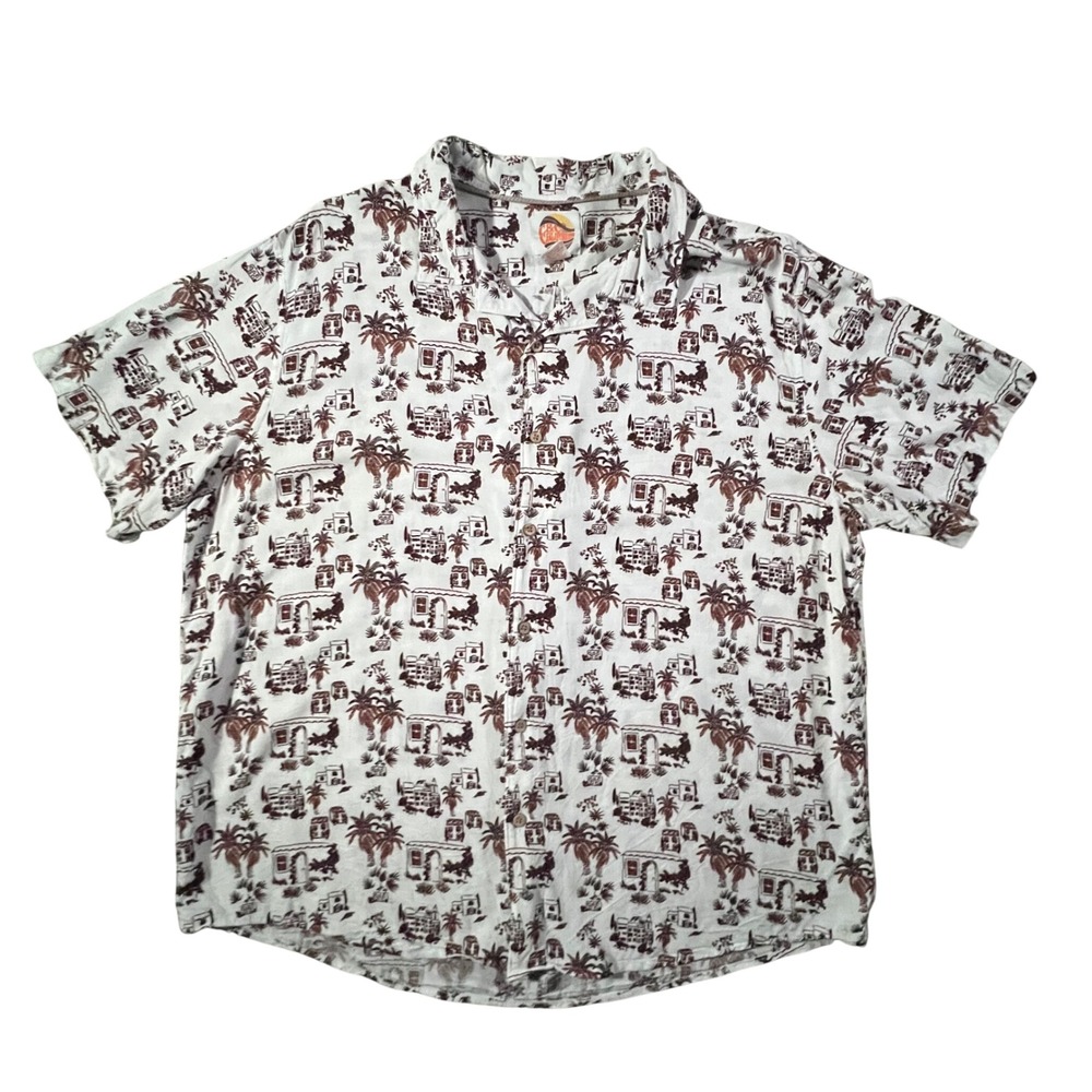 C&C California Button Down Shirt Mens 2XL White Brown Tropical Village Rayon